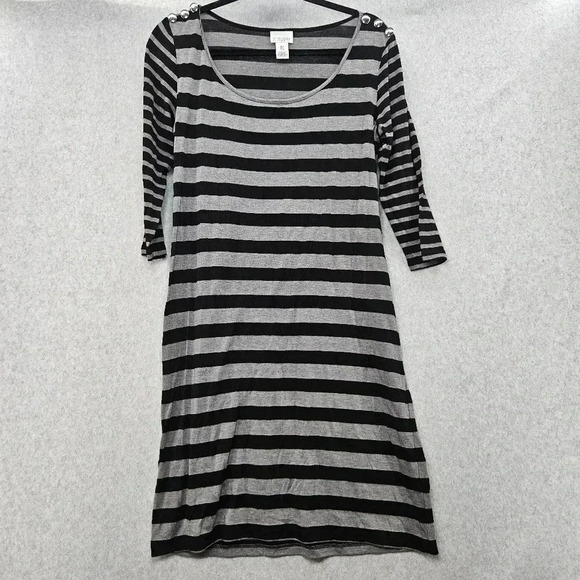 Motherhood‎ Maternity Dress Black Gray Stripe Shoulder Button Detail Size M - Picture 1 of 4